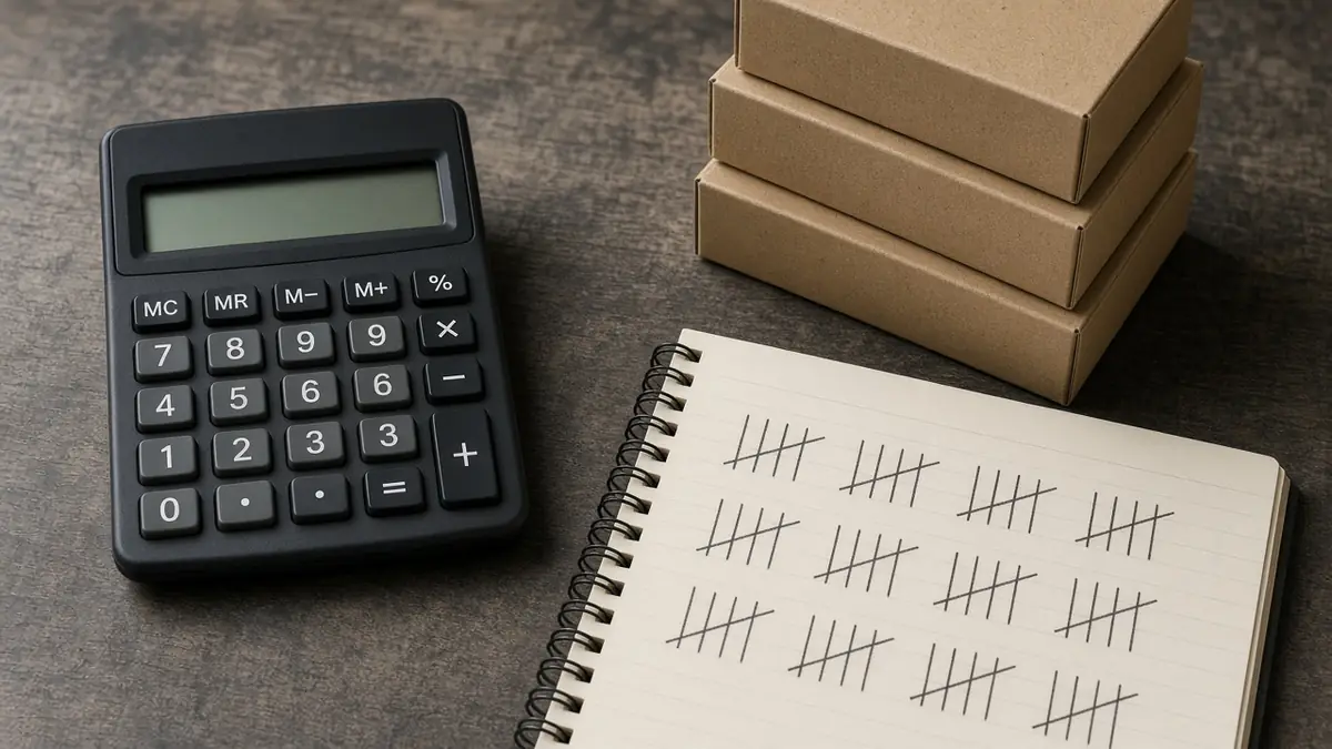Calculator, a notebook of tally marks, and plain product boxes used to plan seller fees