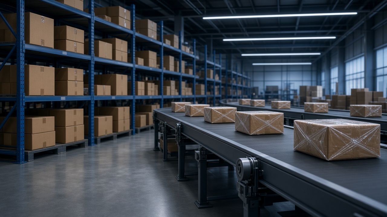 Warehouse shelves and packages illustrating Amazon FBA fulfillment