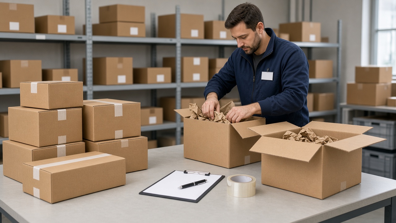 Sealed inventory boxes prepared on a table for warehouse shipping