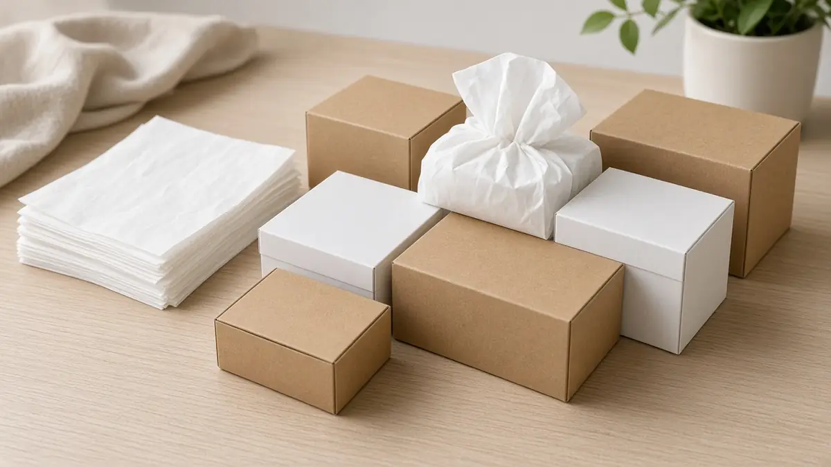 Neatly packed plain product boxes and tissue on a table, showing packaging quality before fulfillment