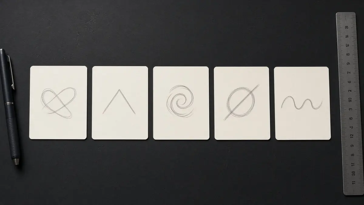 Five blank index cards in a row on a desk, used to compare possible business names