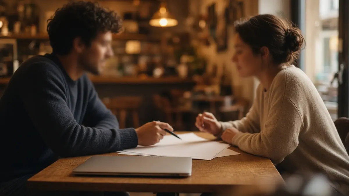 Two people at a table reviewing blank planning notes beside a closed laptop