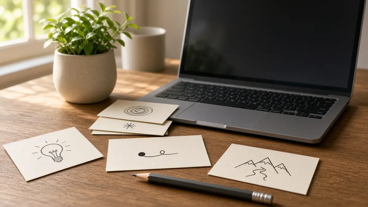 Index cards with simple sketches, a pencil, and a laptop on a desk while choosing a business name