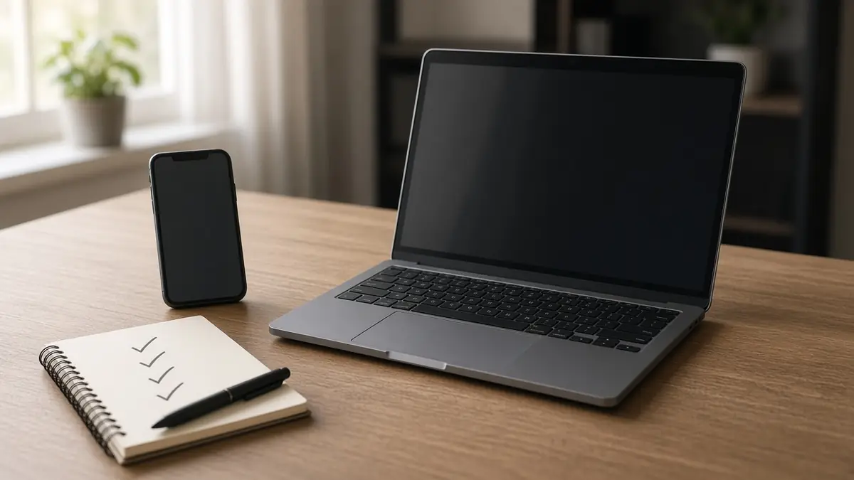 Laptop and smartphone with dark screens beside a notebook, representing domain and social name checks