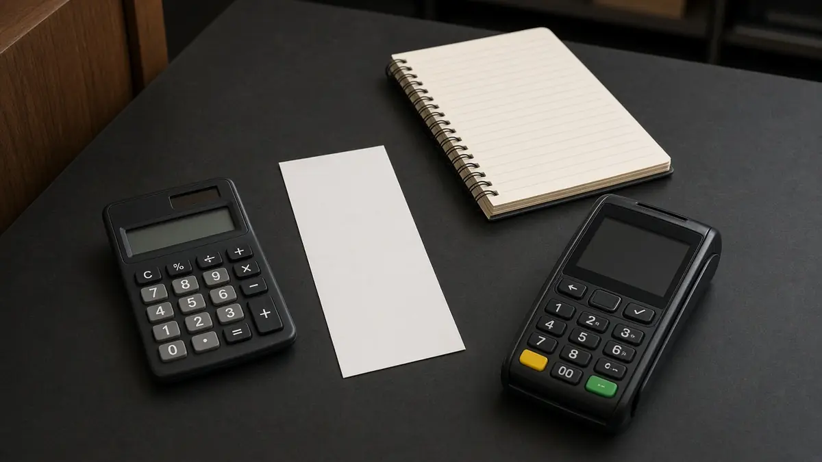 Calculator, blank receipt slip, and a switched-off card reader used to plan online payment costs