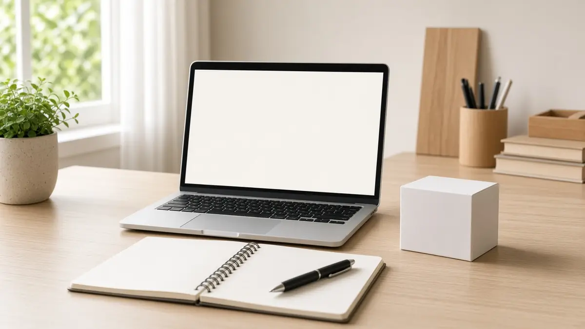 Laptop, notebook, and a plain product box on a desk for studying ecommerce basics
