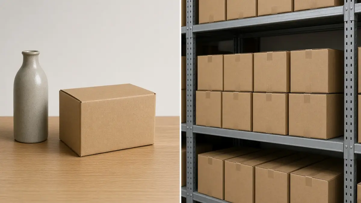 Left side shows one unbranded bottle and a single carton; right side shows shelves of identical sealed cartons