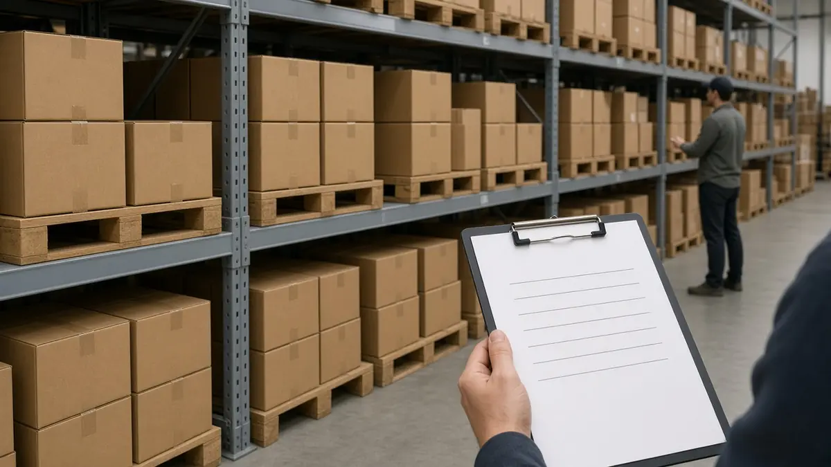 Organized shelves of plain cartons with a blank clipboard, representing inventory planning