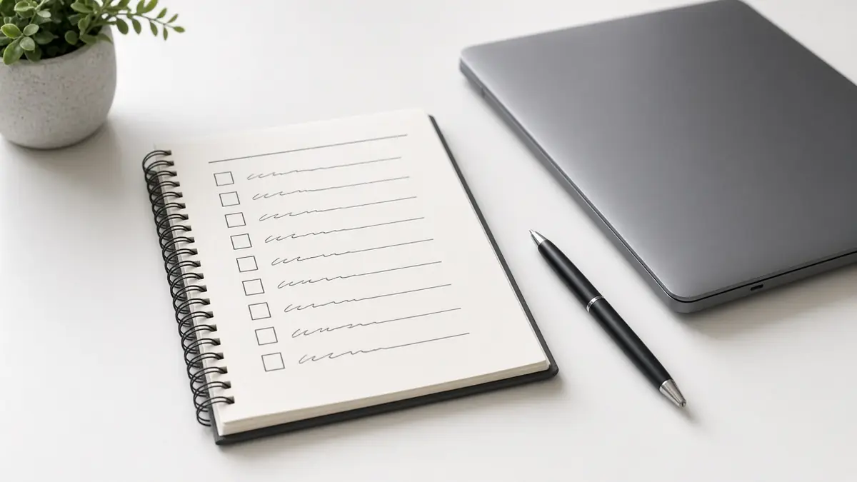 Notebook with blank checkboxes and a closed laptop for planning a company formation checklist