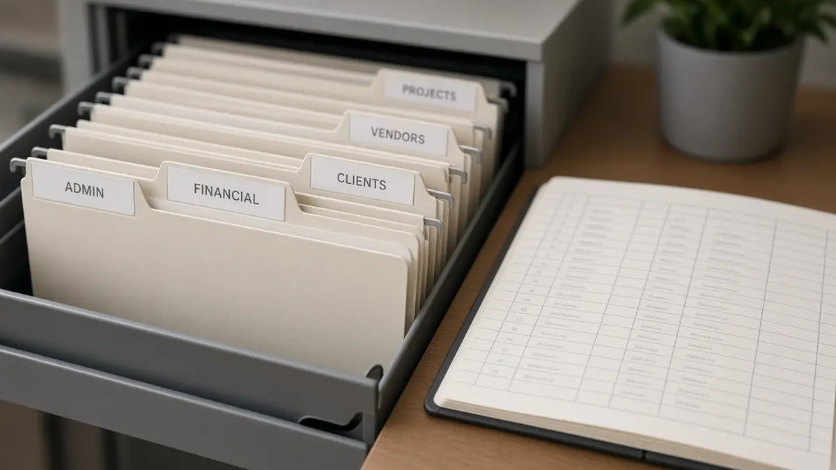 Blank file folders and a ledger notebook representing business record keeping after formation