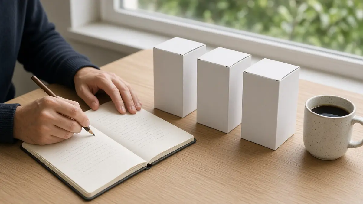 Person writing in a notebook beside plain product boxes while evaluating business name options