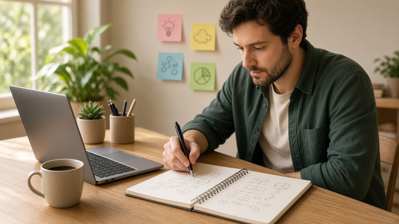 Desk setup for planning an online business