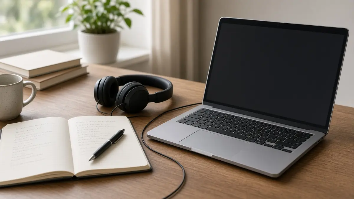 Open notebook, headphones, and a laptop on a desk for online business study