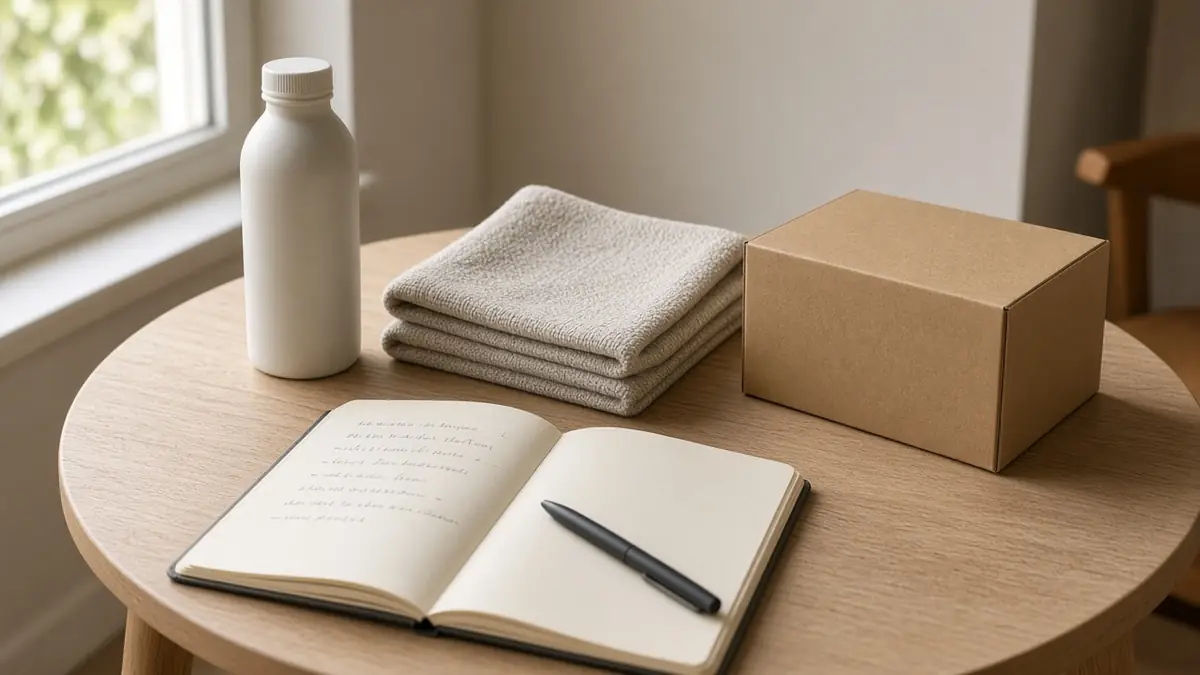 Unlabeled sample products and a notebook on a table while defining a first online offer