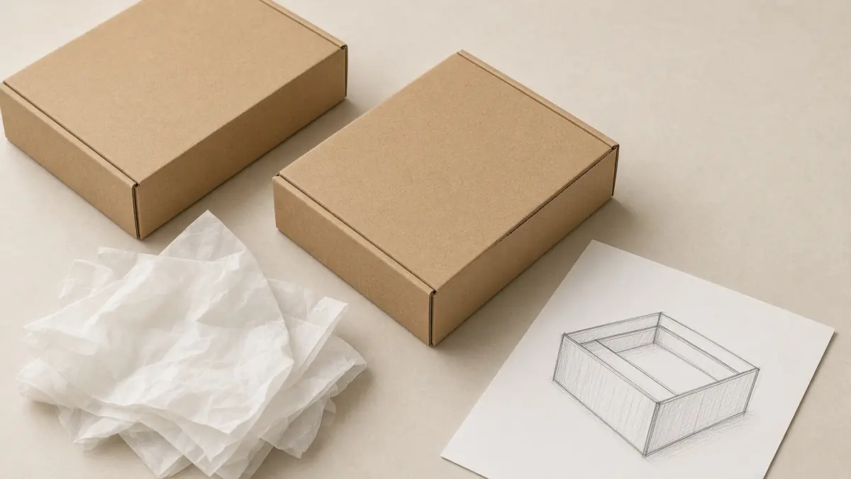 Blank kraft mailers, tissue paper, and a pencil sketch of a box, before any brand is printed