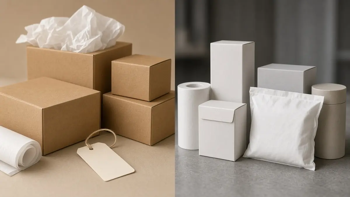 Blank custom packaging beside plain retail boxes for private label versus wholesale