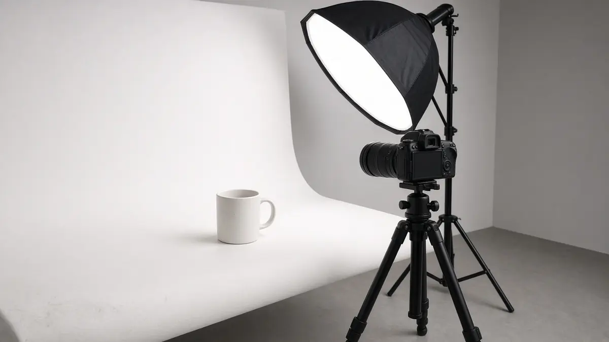 Simple photography setup with a plain mug, soft light, and camera, for creating original product images