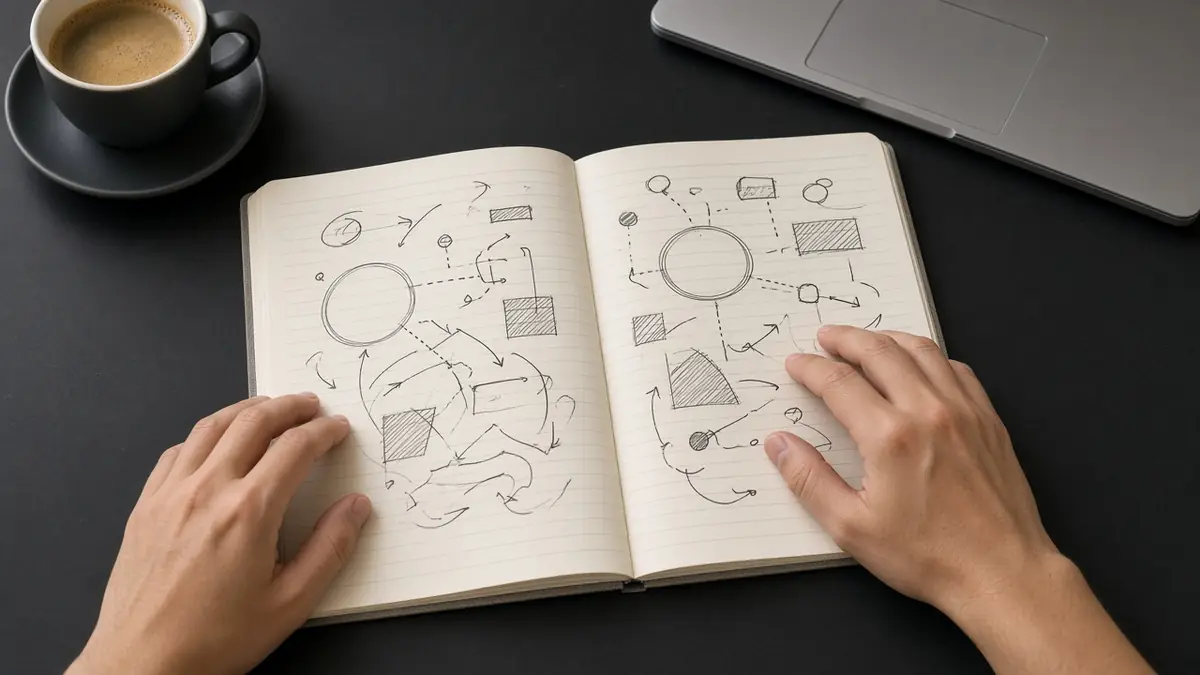 Two notebooks side by side on a desk while someone compares two selling approaches