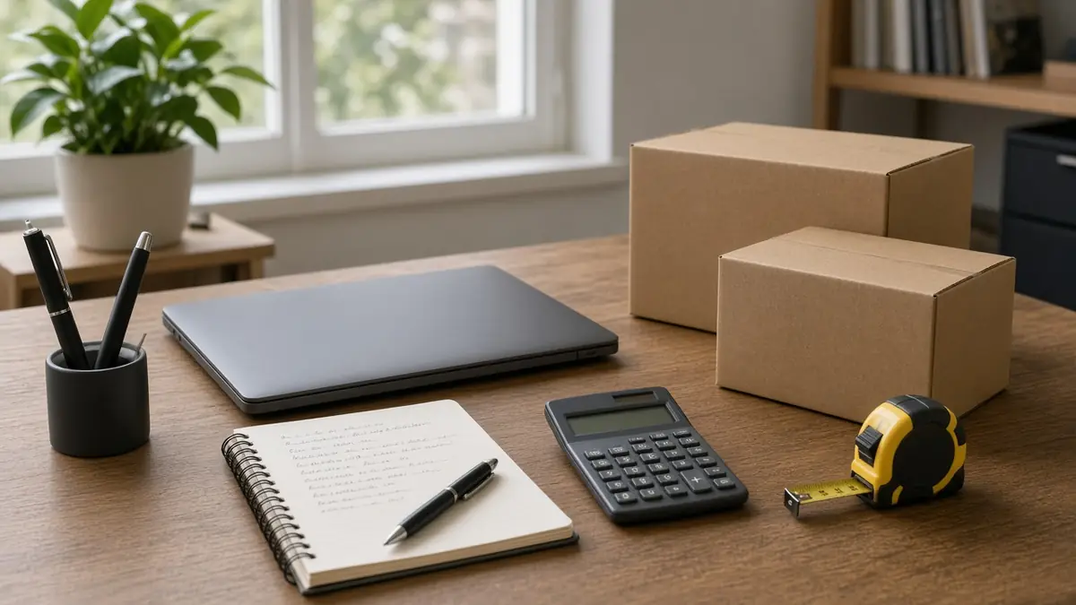 Desk with a laptop, notebook, calculator, and plain boxes for planning Amazon FBA