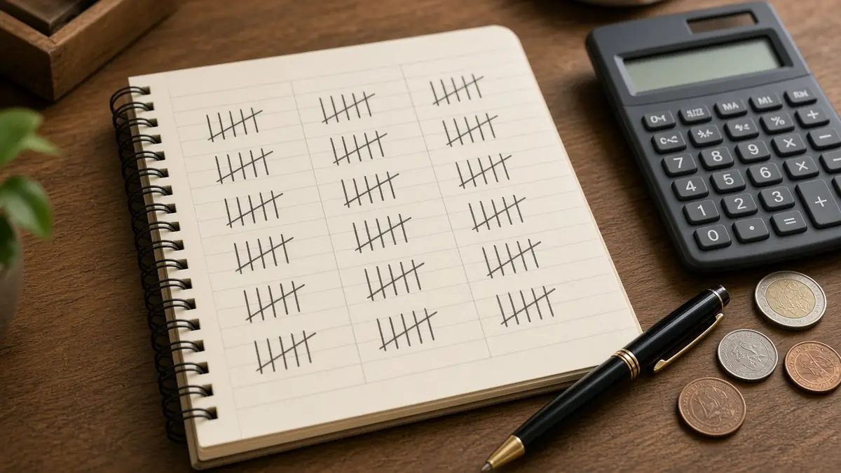 Calculator and a notebook with tally marks beside coins, representing high-level FBA cost planning