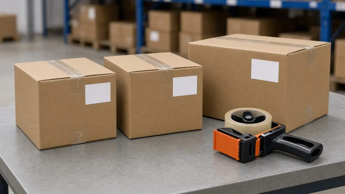 Sealed plain cartons and blank shipping labels on a packing table before an inbound shipment