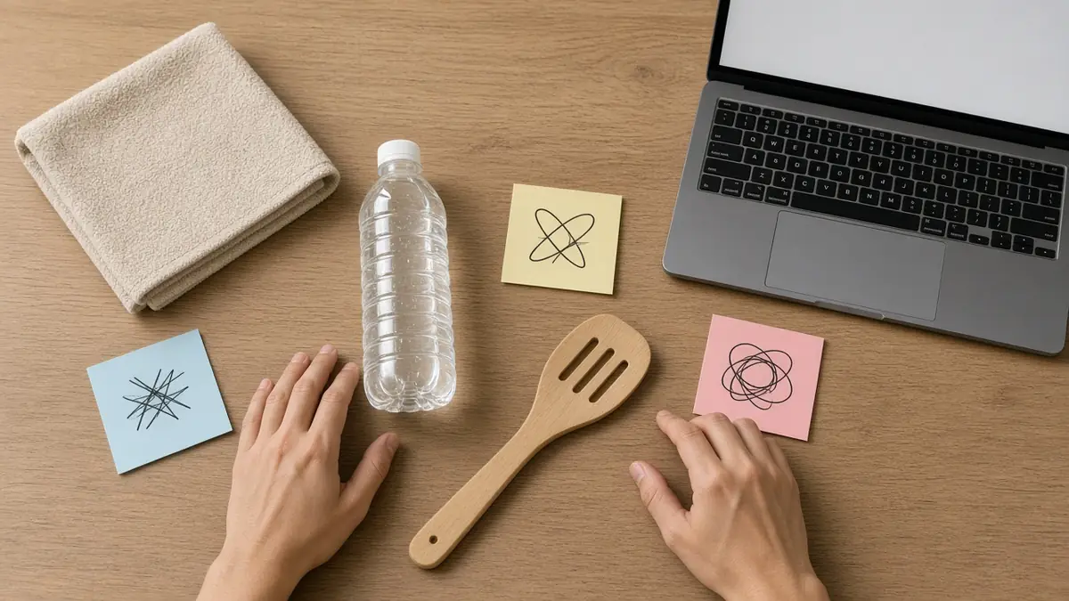 Hands comparing unlabeled household product samples on a desk during product research