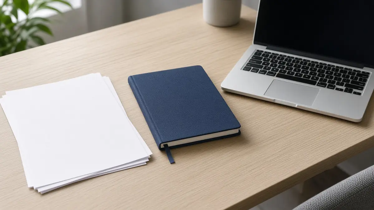 Blank course papers, a closed notebook, and a laptop arranged for online study