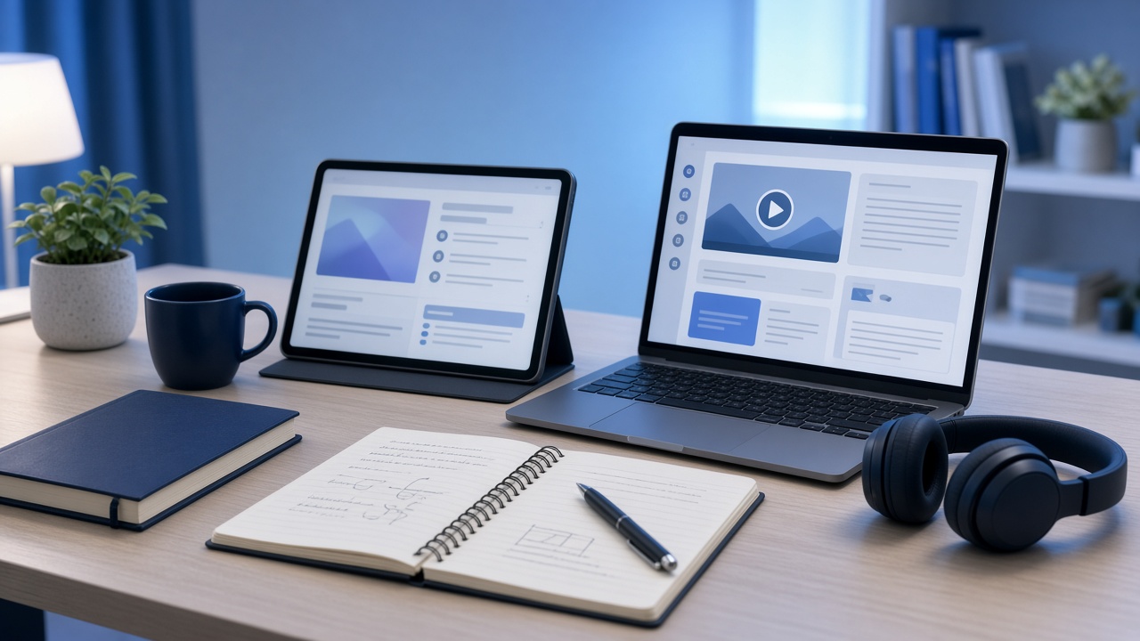 Organized student workspace with laptop for online course study