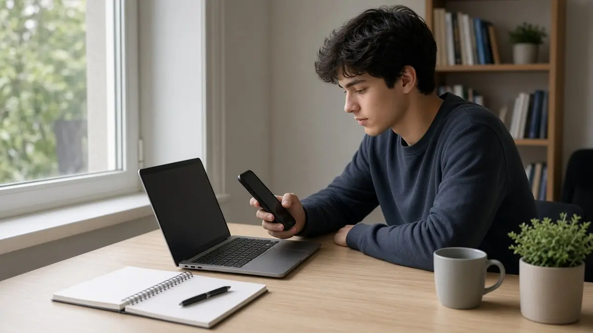 Student studying on a laptop and phone at a tidy desk with a notebook