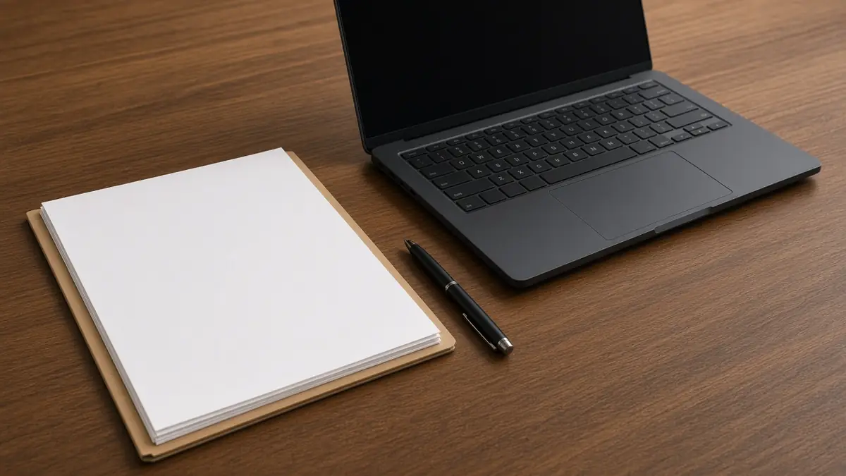 Blank folder, pen, and a laptop with a dark screen for organizing brand ownership notes