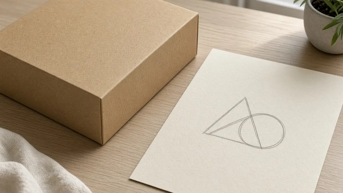 Blank kraft packaging and a simple geometric sketch on a desk before a brand name is printed