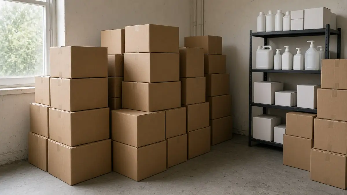 Plain cartons and unlabeled products stored on shelves, representing wholesale inventory waiting to be resold