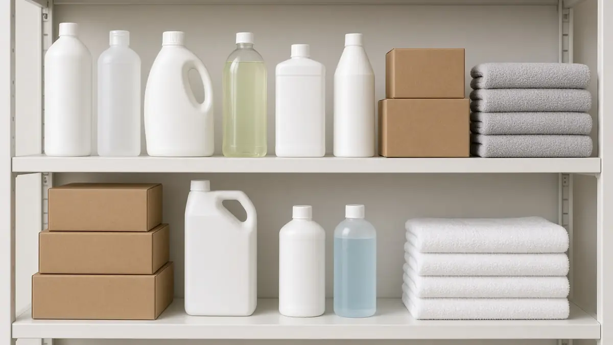 Shelf of generic unlabeled household products representing a wholesale assortment for resale